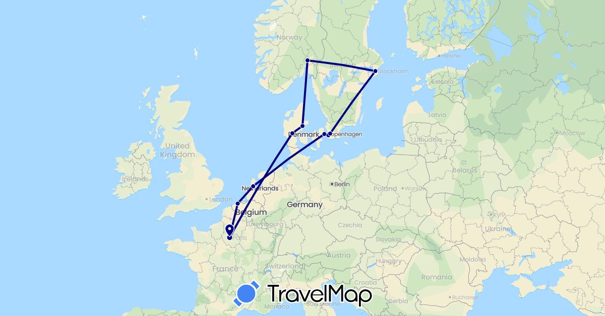 TravelMap itinerary: driving in Belgium, Denmark, France, Netherlands, Norway, Sweden (Europe)